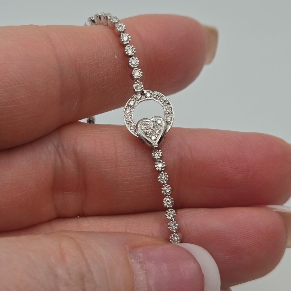 Dainty 14K white gold Diamond Tennis bracelet with Heart Clasp